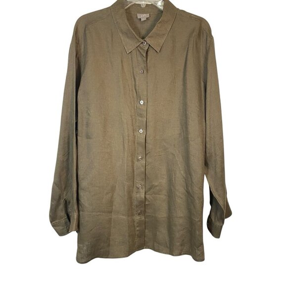 J. Jill 100% Linen Long Sleeve Collared Blouse Women's Size 2XL Brown Relaxd Fit - Picture 1 of 5
